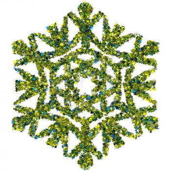 Decorative snowflake made of colored foil stars confetti isolated on white background