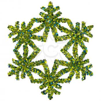 Decorative snowflake made of colored foil stars confetti isolated on white background