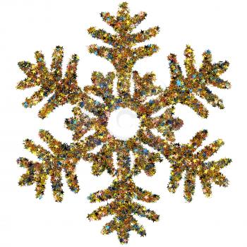 Decorative snowflake made of small colored foil stars confetti isolated on white background