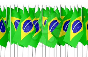 Many small flags of Federative Republic of Brazil in row isolated on white background, seamless, 3d illustration 