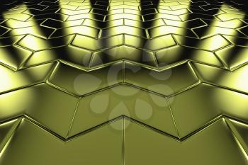 Golden arrow blocks flooring perspective view shiny abstract industrial background