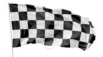 Checkered flag on flagpole flying in the wind isolated on white, 3d illustration