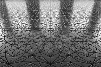 Abstract industrial creative metal construction monochrome illustration: decorative steel flooring metal surface with ornament perspective view under bright lights, industrial 3d illustration