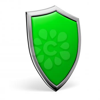 Protection, defense and security concept symbol: green shield on isolated on white background