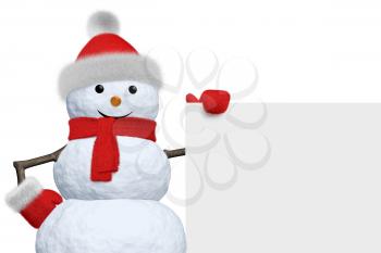 Cheerful snowman with blank white board in red fluffy hat, scarf and mittens isolated on white background, 3d illustration