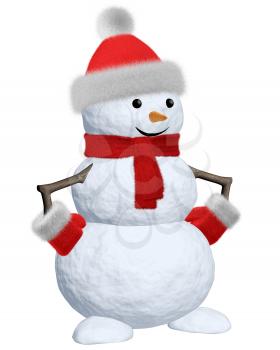 Cheerful snowman with red fluffy hat, scarf and mittens 3d illustration