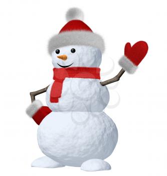 Cheerful snowman with red fluffy hat, scarf and mittens pointing to something 3d illustration