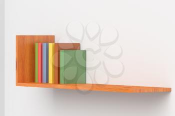 Colored books on wooden bookshelf on white wall 3D illustration