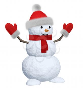 Cheerful snowman with red fluffy hat, scarf and mittens 3d illustration