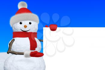 Cheerful snowman shows blank white board in red fluffy hat, scarf and mittens on snow under blue sky, 3d illustration