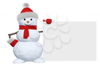 Cheerful snowman with blank white board in red fluffy hat, scarf and mittens isolated on white background, 3d illustration