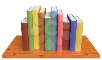 Simple wooden bookshelf with colored books isolated on white 3D illustration