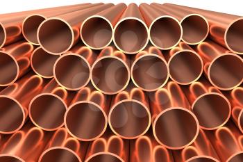 Heavy metallurgical industry production and non-ferrous industrial products creative abstract illustration: many stainless metal shiny copper pipes lying in rows isolated,  industrial 3D illustration