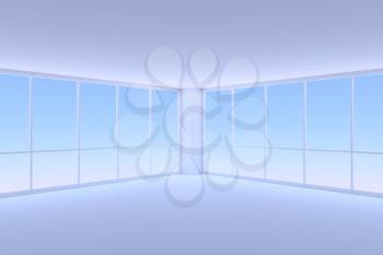Business architecture office room interior - empty blue business office room corner with floor, ceiling, walls and two large window with morning blue sky light, 3d illustration
