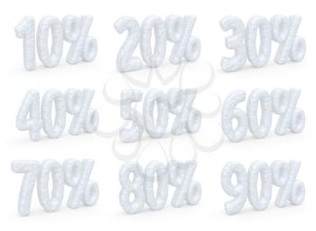 Winter retail, sale, commercial and business advertisement concept, christmas sale discount offer, snowy percents price cut off text made of snow set isolated on white, 3d illustration collection