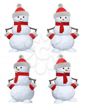 Collection of cheerful snowman with red fluffy hat, scarf and mittens 3d illustration set