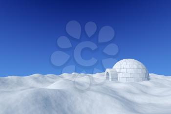 Winter north polar snowy landscape - eskimo house igloo icehouse made with white snow on surface of snow field under cold north blue sky, 3d illustration