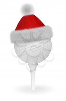 New Year and Christmas holidays sport leisure creative concept: white golf ball on tee in Santa Claus fluffy red hat with red and white fur isolated on white backgroung 3d illustration