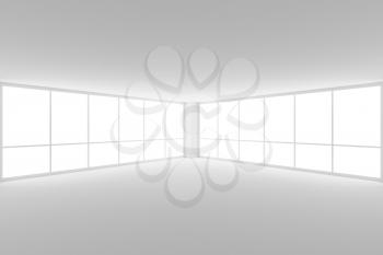 Business architecture white colorless office room interior - empty white business office room corner with white floor, ceiling, walls and two large windows and empty space, 3d illustration