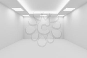 Abstract architecture white room interior - empty white room with white wall, white floor, white ceiling with square ceiling lamps and hidden ceiling lights and empty space, 3d illustration