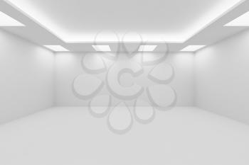 Abstract architecture white room interior - wide empty white room with white wall, white floor, white ceiling with square ceiling lamps and hidden ceiling lights and empty space, 3d illustration