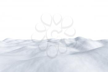 White snowy field with hills and smooth snow surface isolated on white background, winter arctic minimalist 3d illustration.