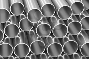 Metallurgical industry production and non-ferrous industrial products abstract illustration - many stainless metal shiny steel pipes, industrial background, 3D illustration