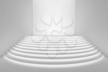Stage with white round stairs in empty white room with light from the front, wide angle view, abstract architectural 3d illustration