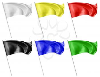 Color flags on flagpole flying and waving in the wind isolated on white, 3d illustration, collection set