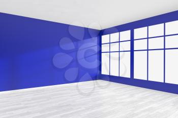 Empty room with big window, blue walls, whitre hardwood parquet floor and sunlight from window, perspective view, minimalist interior 3d illustration.