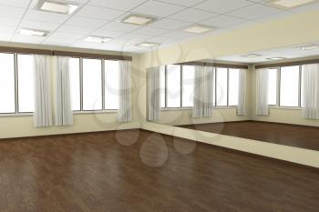 Empty training dance-hall with yellow walls, dark wooden parquet floor, white ceiling with lamps and window with white curtains, 3D illustration