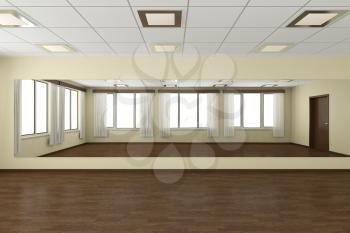 Empty training dance-hall with yellow walls, dark wooden parquet floor, white ceiling with lamps and window with white curtains, 3D illustration