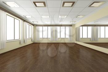 Empty training dance-hall with yellow walls, dark wooden parquet floor, white ceiling with lamps and window with white curtains, 3D illustration