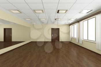 Empty training dance-hall with yellow walls, dark wooden parquet floor, white ceiling with lamps and window with white curtains, 3D illustration