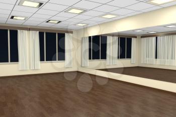 Empty training dance-hall at night with yellow walls, dark wooden parquet floor, white ceiling with lamps and window with white curtains, 3D illustration