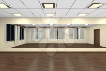 Empty training dance-hall at night with yellow walls, dark wooden parquet floor, white ceiling with lamps and window with white curtains, 3D illustration