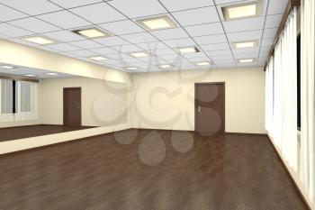 Empty training dance-hall at night with yellow walls, dark wooden parquet floor, white ceiling with lamps and window with white curtains, 3D illustration