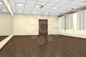 Empty training dance-hall at night with yellow walls, dark wooden parquet floor, white ceiling with lamps and window with white curtains, 3D illustration