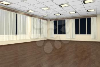 Empty training dance-hall at night with yellow walls, dark wooden parquet floor, white ceiling with lamps and window with white curtains, 3D illustration