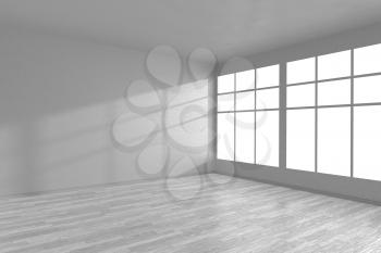 Corner of white empty room with large windows and white wooden parquet floor, 3D illustration