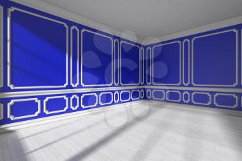 Blue empty room interior with sunlight from window, decorative classic style molding frames on walls, white wooden parquet floor and baseboard, 3d illustration