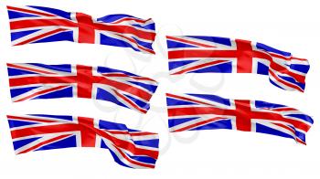 National flag of United Kingdom of Great Britain flying and waving in wind isolated on white collection, long flag, 3d illustration set