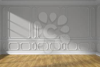 White empty room interior with sunlight from window, white decorative classic style molding frames on walls, wooden parquet floor and white baseboard, 3d illustration