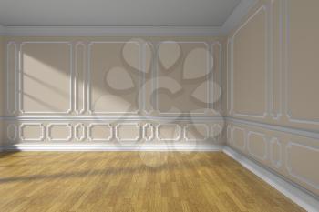 Empty beige room interior with sunlight from window, white decorative classic style molding on walls, wooden parquet floor and white baseboard, 3d illustration