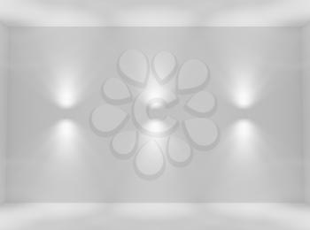 Empty white abstract room wall with lamp spotlights with floor and ceiling without any textures, colorless 3d illustration