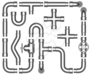 Steel pipeline construction details set: steel pipes, valves, tubes, fittings, couplers and other steel pipeline elements collection isolated on white background, industrial 3d illustration