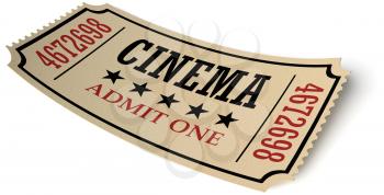 Vintage retro cinema creative concept: retro vintage cinema admit one ticket made of yellow textured paper isolated on white background with shadow, closeup view, 3d illustration