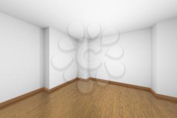 Empty room with white walls and ceiling and brown wood parquet floor and soft light, simple minimalist interior architecture background with copy-space, 3d illustration.