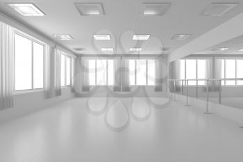 White empty training dance-hall with white flat walls without textures, white parquet floor, white ceiling with lamps and window with white curtains, 3D illustration