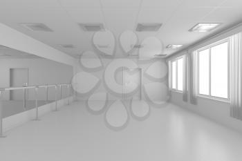 White empty training dance-hall with white flat walls without textures, white parquet floor, white ceiling with lamps and window with white curtains, 3D illustration